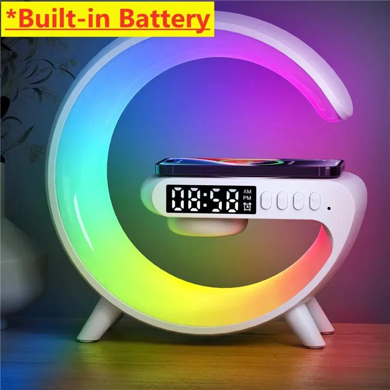 Wireless Charger Pad Stand Speaker TF Card RGB Night Light Lamp Alarm Clock Fast Charging Station Dock for iPhone Samsung Xiaomi - Beri Collection