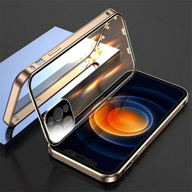360°Full Protection Metal Magnetic Double Sided Glass Snap Lock Case For iPhone 16 Pro Max 15 14 13 12 Pro Max Plus Bumper Cover - Beri Collection 