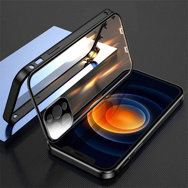 360°Full Protection Metal Magnetic Double Sided Glass Snap Lock Case For iPhone 16 Pro Max 15 14 13 12 Pro Max Plus Bumper Cover - Beri Collection 