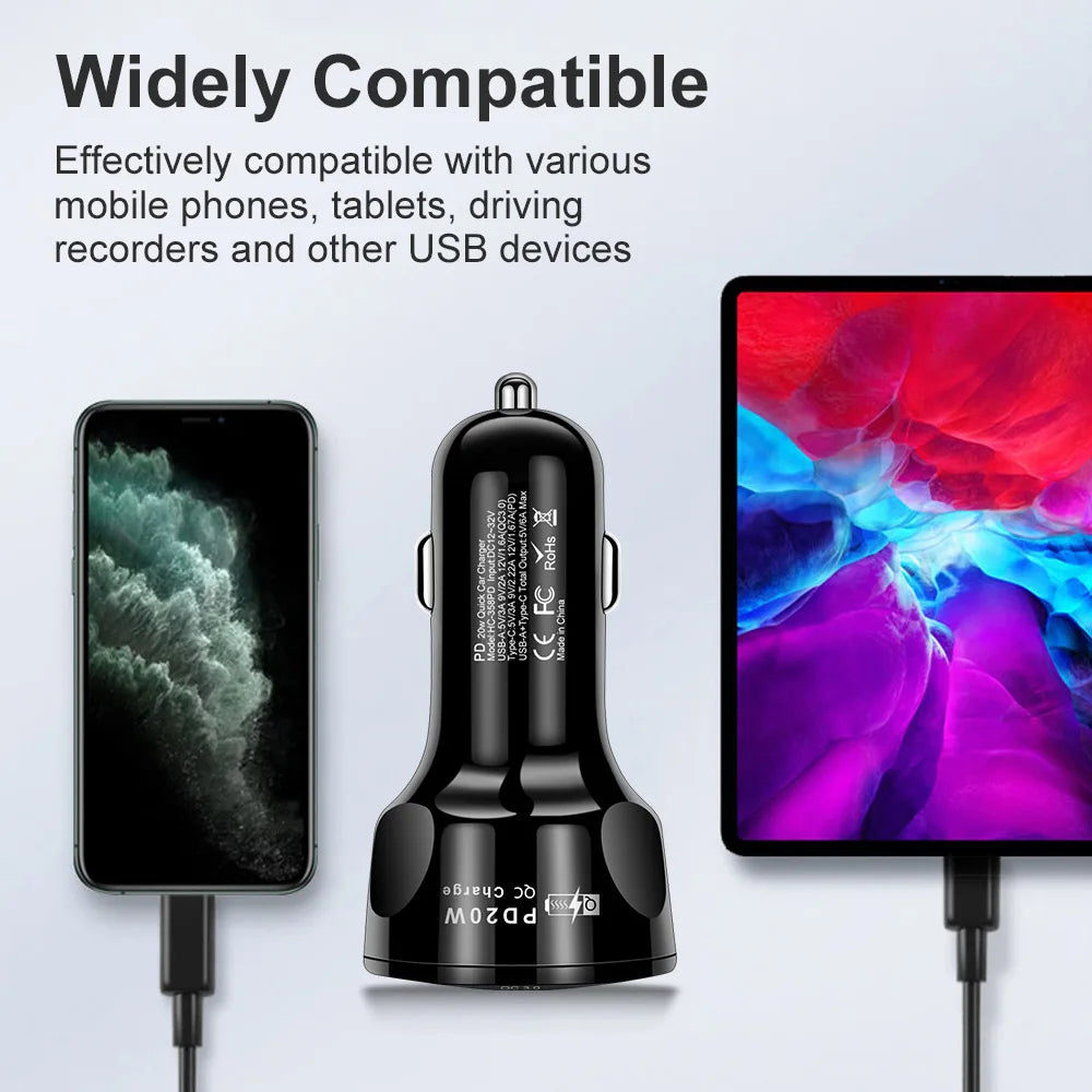 Dual USB C PD 20W Car Charger Fast Charging PD Quick Charge 3.0 USB C Car Phone Charger Adapter For iPhone Xiaomi Samsung