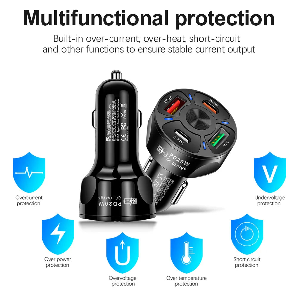 Dual USB C PD 20W Car Charger Fast Charging PD Quick Charge 3.0 USB C Car Phone Charger Adapter For iPhone Xiaomi Samsung
