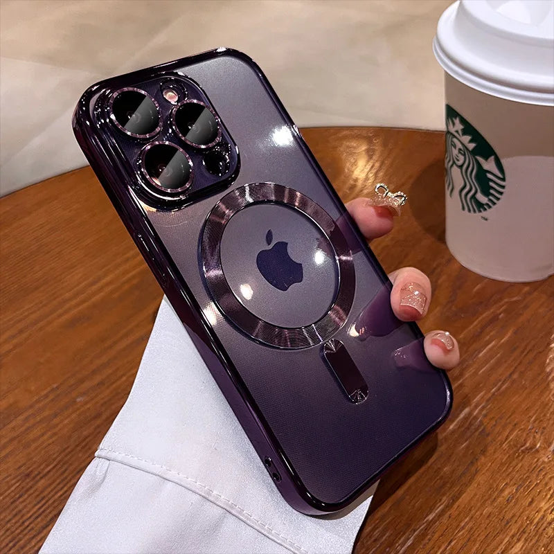 Plating Soft TPU Full Lens Protect Case For iPhone 15 14 13 12 11 Pro Max Plus Magnetic Wireless Charging Clear Cover