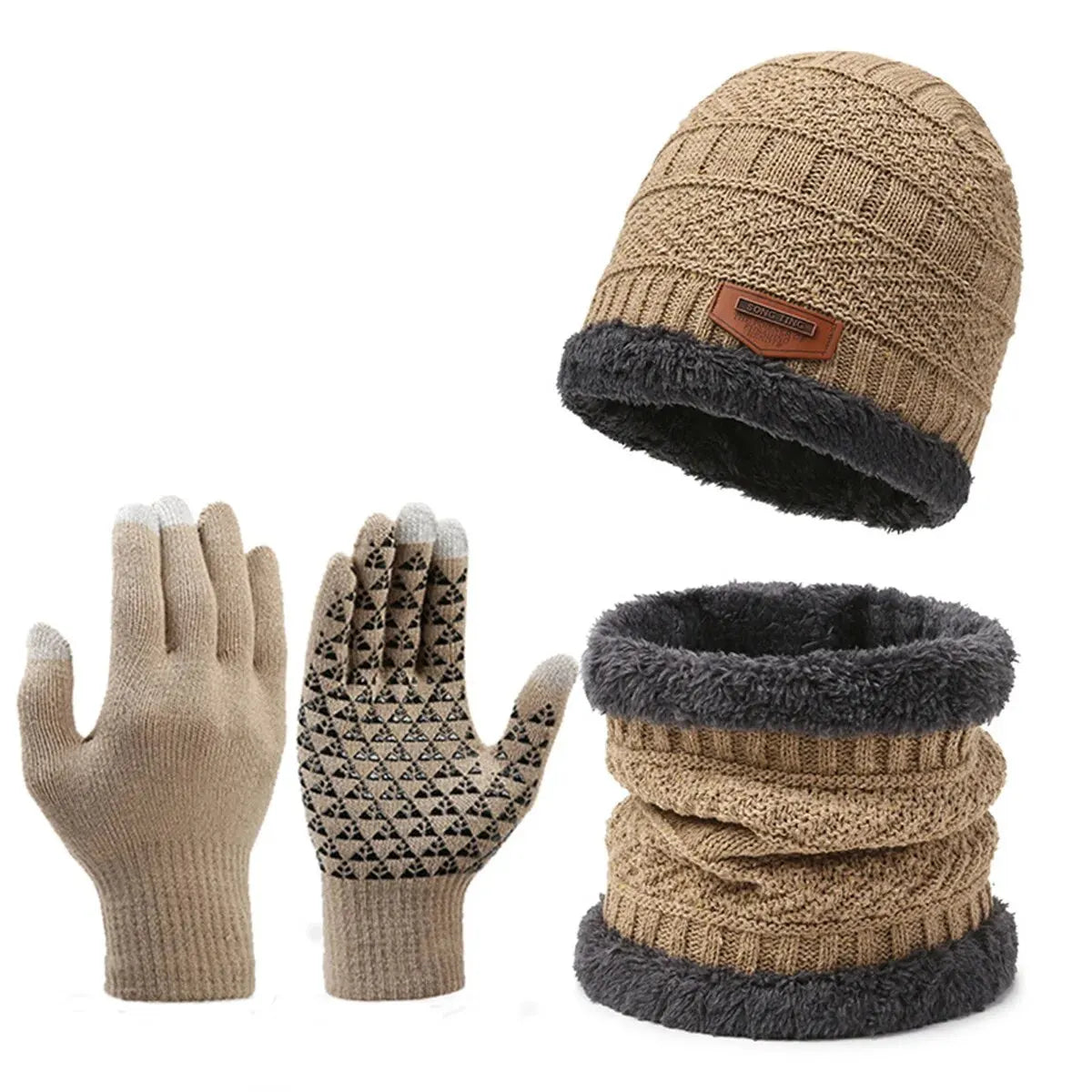 Set of winter accessories including a beanie, gloves, and scarf on a white background