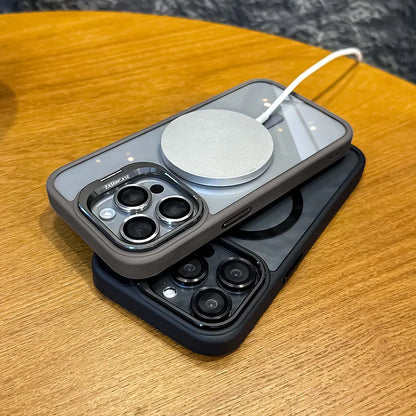 Luxury Magnetic Shockproof Phone Case For iPhone Stand Glass Lens Protection Cover