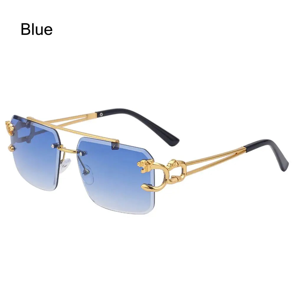 Sunglasses with gold frame and blue gradient lenses on a white background