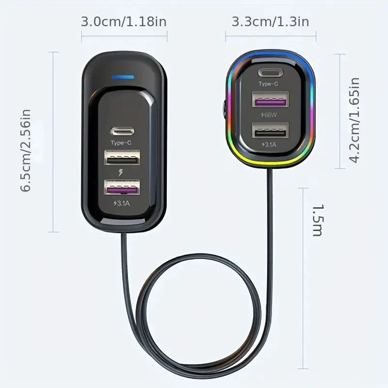 Fast Car Charger 6-Port Expansion Type-C 2-USB 1.5m Extension Cable Anti-Slip Clamp