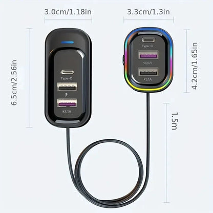 Fast Car Charger 6-Port Expansion Type-C 2-USB 1.5m Extension Cable Anti-Slip Clamp