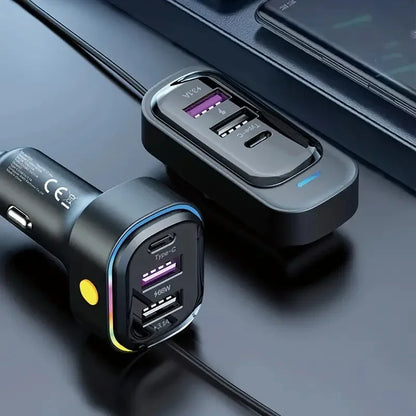 Fast Car Charger 6-Port Expansion Type-C 2-USB 1.5m Extension Cable Anti-Slip Clamp