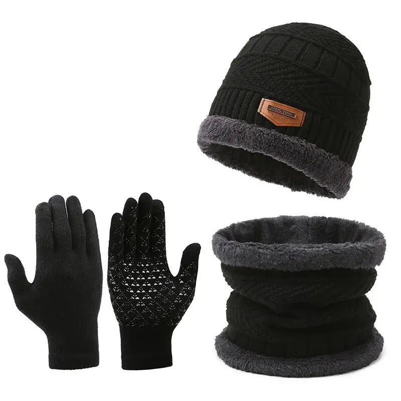 Men's windproof hat, outdoor winter scarf, gloves, three-piece neckline