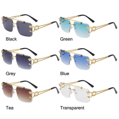 Collection of gold-framed sunglasses with different colored lenses on a white background.