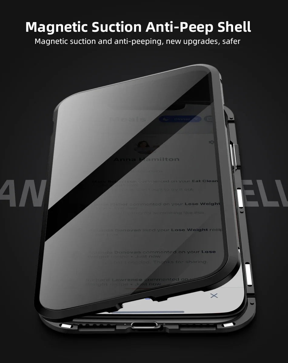 Magnetic Tempered Glass Privacy Metal Case For iPhone 15 14 13 360 Magnet Ant spy Protective Cover