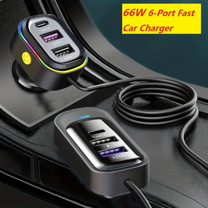 Fast Car Charger 6-Port Expansion Type-C 2-USB 1.5m Extension Cable Anti-Slip Clamp