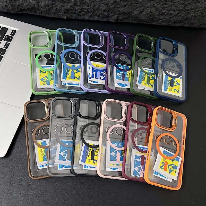 Luxury Magnetic Shockproof Phone Case For iPhone Stand Glass Lens Protection Cover