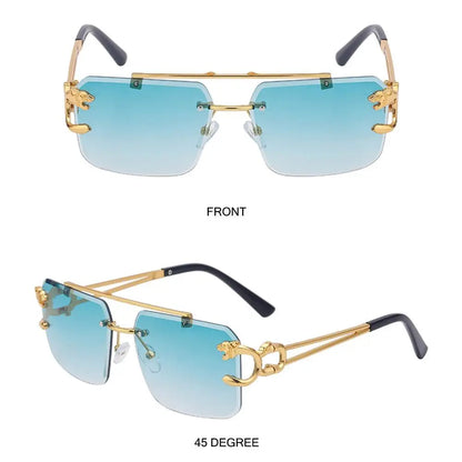Gold-framed sunglasses with blue gradient lenses on a white background