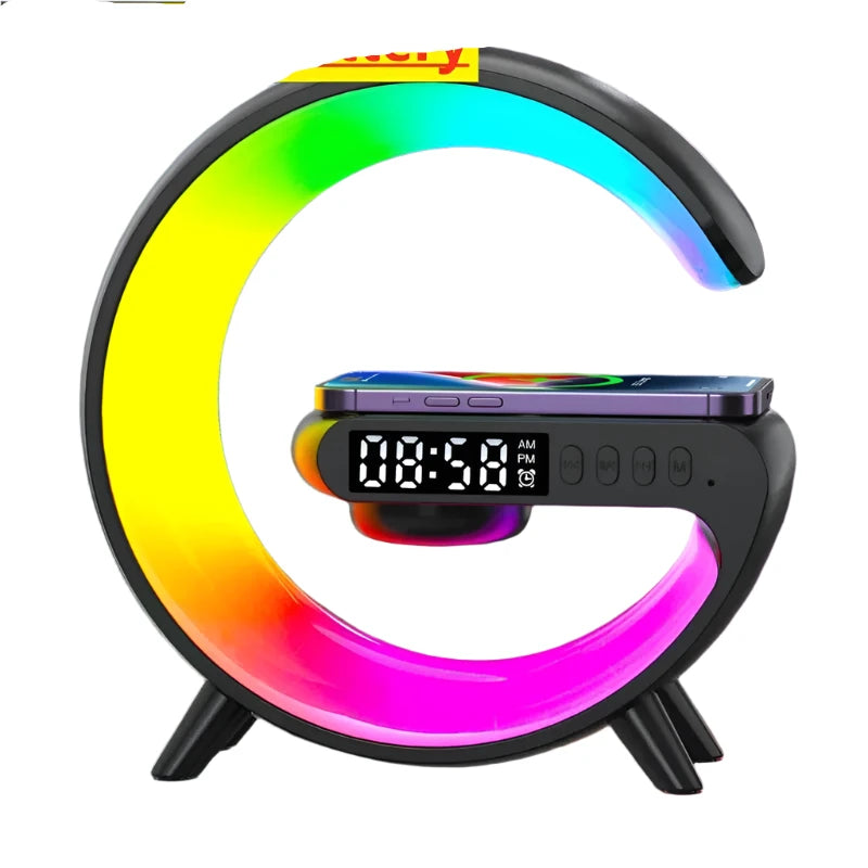 Wireless Charger Pad Stand Speaker TF Card RGB Night Light Lamp Alarm Clock Fast Charging Station Dock for iPhone Samsung Xiaomi