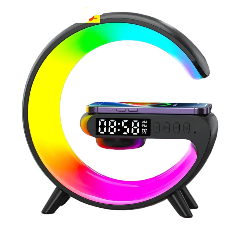 Wireless Charger Pad Stand Speaker TF Card RGB Night Light Lamp Alarm Clock Fast Charging Station Dock for iPhone Samsung Xiaomi