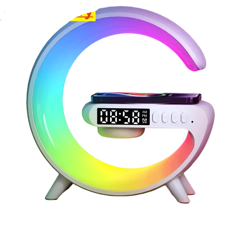 Wireless Charger Pad Stand Speaker TF Card RGB Night Light Lamp Alarm Clock Fast Charging Station Dock for iPhone Samsung Xiaomi - Beri Collection 